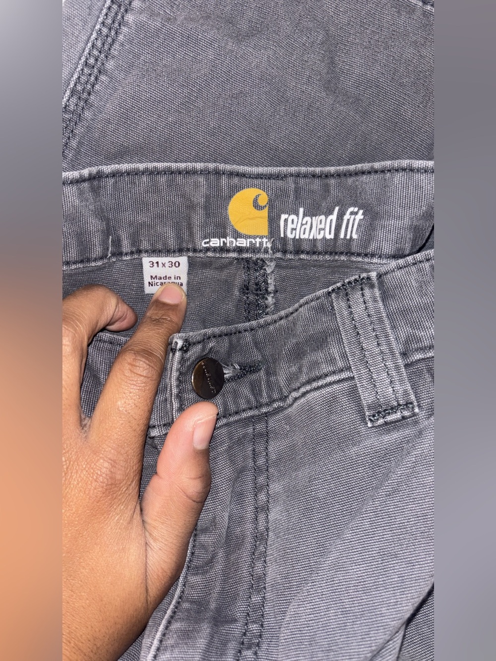 Carhartt Relaxed Fit Gray Work Pants with Brass Button